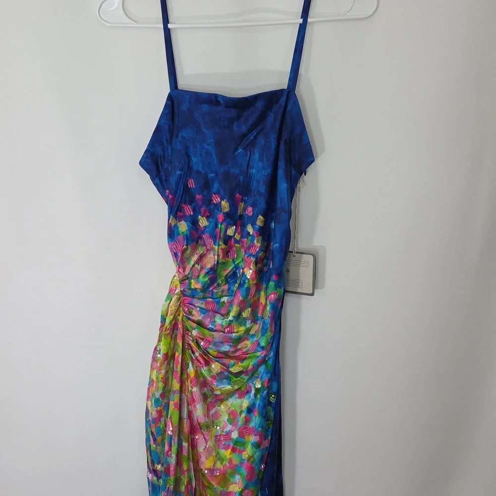 La Fuori Paillet Print Casa Dress In Blooming Sky Size Small NWT - Picture 5 of 14